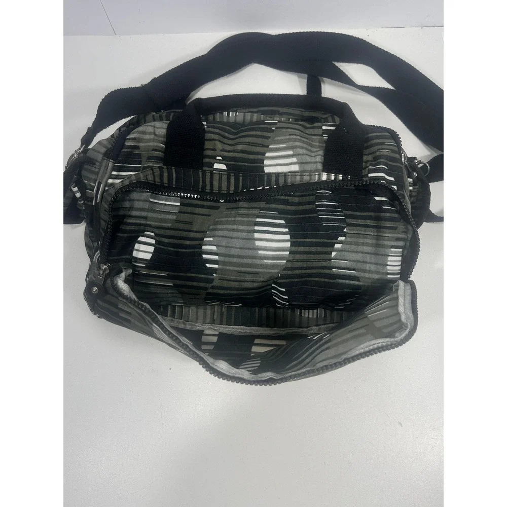 Kipling Grey White Abstract Striped Nylon Crossbody Satchel Bag Dual Handle